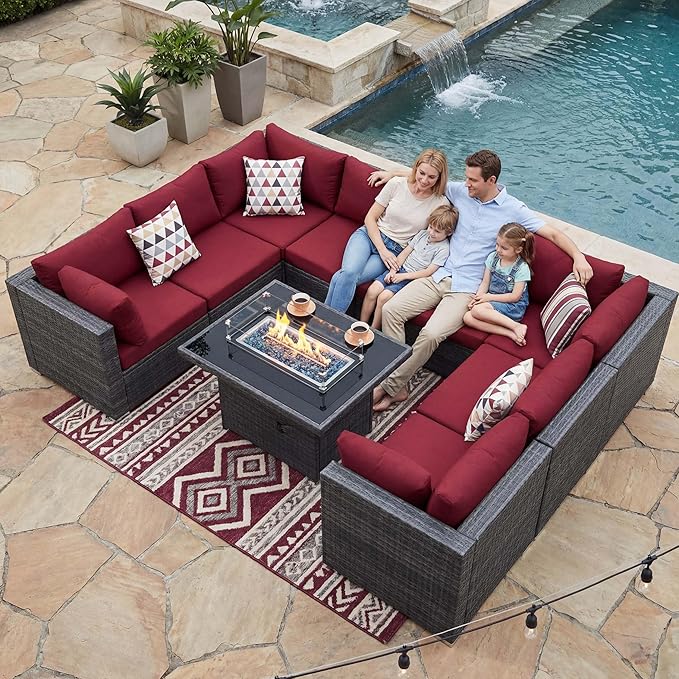 NICESOUL 9 Piece Large Patio Furniture Set with Fire Pit Table Propane/Natural Gas, 29.3'' High Back Wicker Outdoor Sectional Sofas, Wide Conversations for Heavy Weight, 2 Color Cushions Wine & Gray