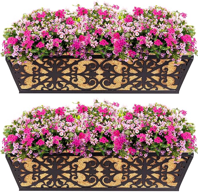 2 Pack 24 Inch Window Boxes Planters Railing Planter Box with Adjustable Brackets & Coco Liners Fabric Plant Grow Bags Deck Railing Planter Boxes Balcony Hanging Flower Box for Outdoor Plants