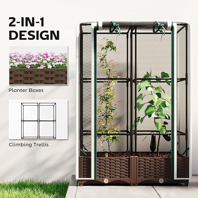 Outsunny Raised Garden Bed with Trellis, 46.5" Tomato Cage with Crop Cage, Self Watering Planter Box with Drainage Holes and Plugs for Outdoor Patio Climbing Plants, Vines, Vegetables, Flowers, White