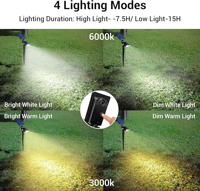Solar Spotlights Outdoor, 4 Modes Solar Landscape Spot Light with Super Brightness LED, Panel & Light Adjustable, Solar Powered Security Lights IP65 Waterproof for Walkway Yard Garden, 2 Pack