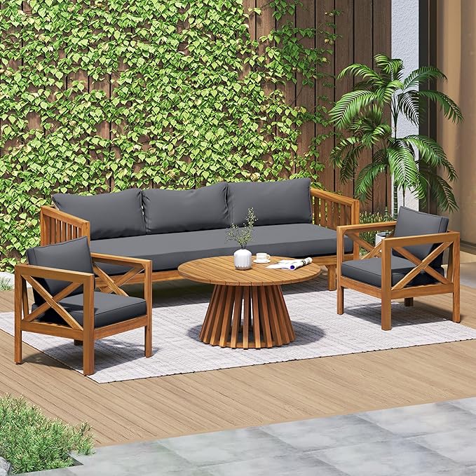 Merax Outdoor 4-Piece Acacia Wood Conversation Set - Patio 3-Seat Loveseat Sofa w/Coushion, 2 Armchair and Round Coffee Table for Backyard, Lawn, Balcony, Teak + Gray