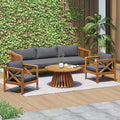 Merax Outdoor 4-Piece Acacia Wood Conversation Set - Patio 3-Seat Loveseat Sofa w/Coushion, 2 Armchair and Round Coffee Table for Backyard, Lawn, Balcony, Teak + Gray
