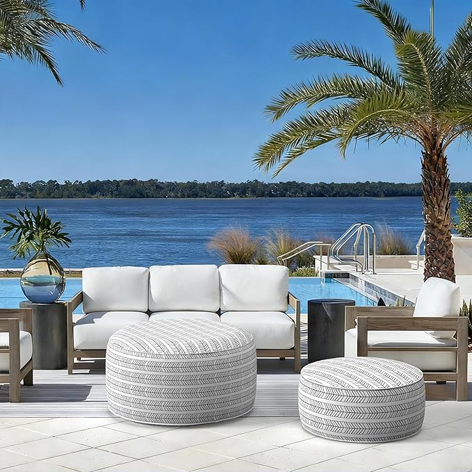 LVTXIII Indoor/Outdoor Extra Large Inflatable Ottoman Pouf D31 x H14 Inch, Round Footstool with Handle, Weather-Resistant Portable Furniture for Patio, Camping, Beach, Herringbone Black White