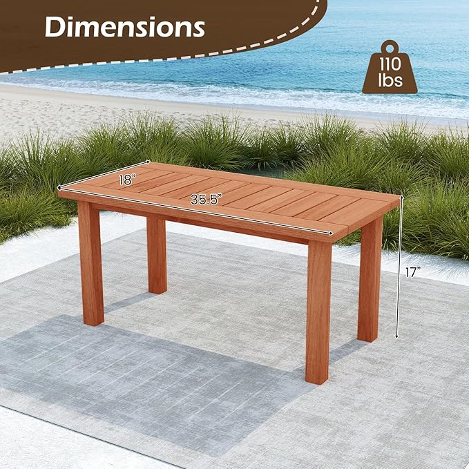 Tangkula Outdoor Coffee Table, 35.5” Patio Table with Slatted Tabletop, Rectangular Wooden Center Table Indoor Outdoor for Balcony, Poolside, Garden, Living Room, Natural