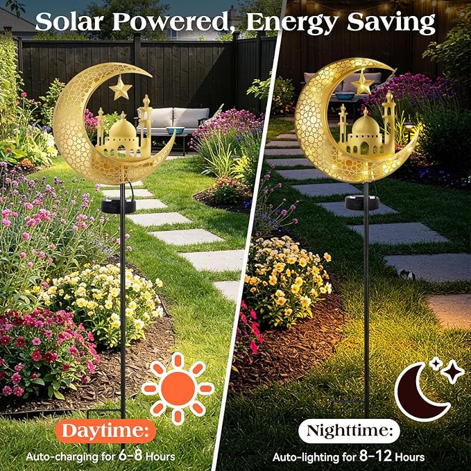 Lewondr 2Pcs Ramadan Solar Lights, Ramadan Decorations Outdoor, Metal Yard Signs LED Eid Decorations Mubarak Star Moon Castle, Waterproof Solar Garden Stakes Lights for Walkway Lawn Patio