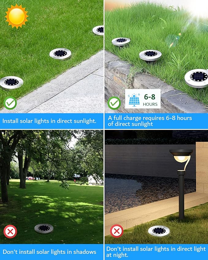 Biling Solar Ground Lights Outdoor 8 Packs, Flat Bright 12 LEDs Solar Lights Outdoor Waterproof for Yard Walkway Garden Driveway (Warm White)