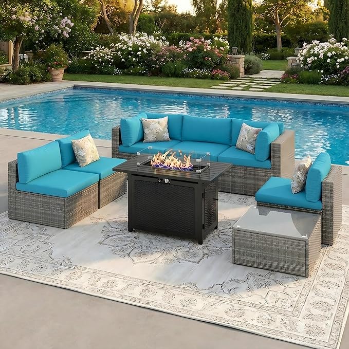 Wisteria Lane 8 Pieces Outdoor Patio Furniture Set with 43" Fire Pit Table, Wicker Outdoor Patio Sectional Sofas with Coffee Table, All-Weather Patio Conversation Set for Backyard Garden, Light Blue