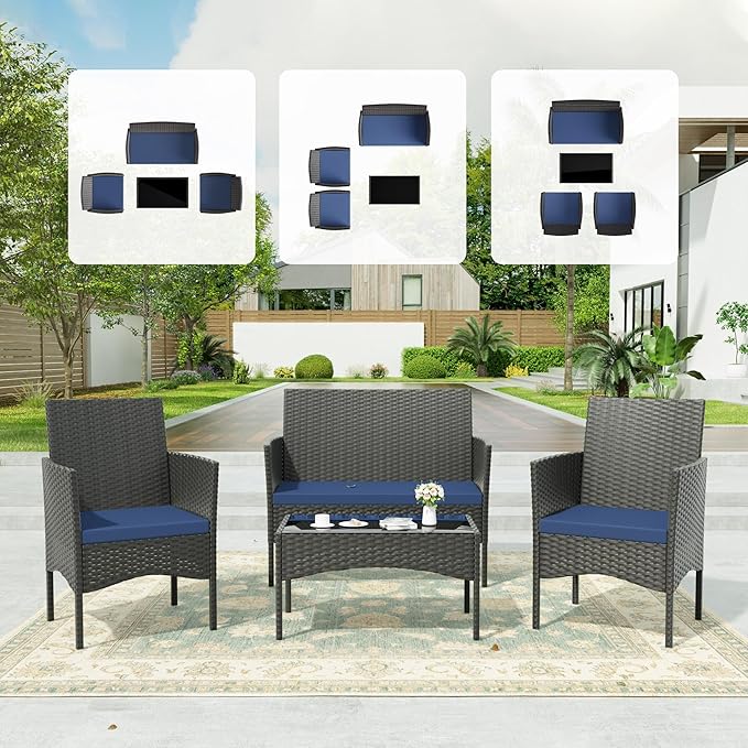 Kullavik 4 Pieces Outdoor Patio Furniture Set,PE Wicker Rattan Chairs Garden Conversation Sets with Tempered Glass Table and Soft Cushions for Lawn,Pool or Backyard,Navy Blue