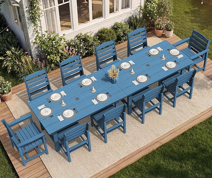 SERWALL Patio Dining Sets for 10 Person, HDPE Dining Set with 2 Tables, 8 Armless Chairs and 2 Armed Dining Chairs, Blue