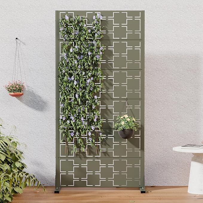 Casaphoria Metal Privacy Screen Outdoor, 60" H x 30" W Freestanding Decorative Privacy Screen for Patio Deck Balcony Garden with Stable Base, Green-Square