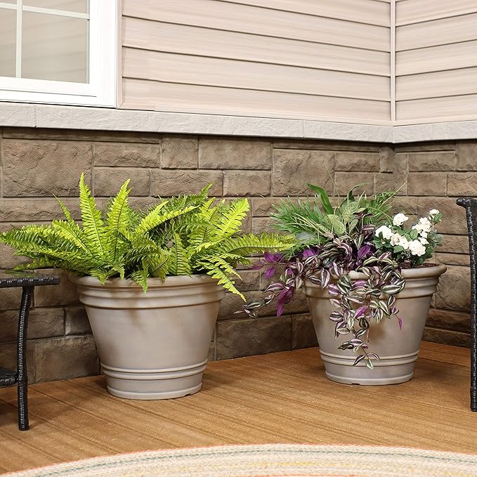 Sunnydaze 20-Inch Franklin Large Plant Pot - Polyresin Round Outdoor Planter with Drillable Drainage Hole - 4 Pack - Beige