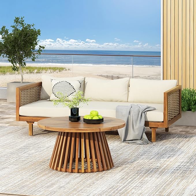 Merax Outdoor Acacia Wood Conversation Set - Patio 3-Seat Loveseat Sofa w/Coushion and Round Coffee Table for Backyard, Lawn, Balcony, Teak+Beige