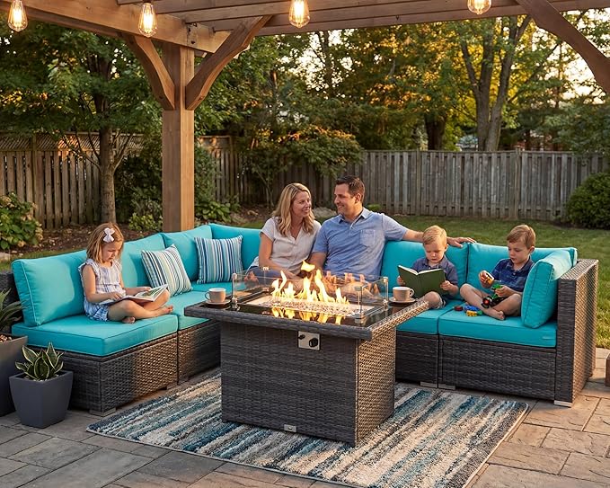 NICESOUL 7 Piece Large Modern Patio Furniture Set with Propane/Gas Firepit Table, 29.3'' High Back Comfy Wicker Sectional Sofa Couches with Fire Pit, Outdoor Deep Conversation, Fade-Proof, Turquoise