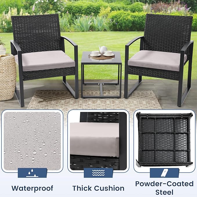 3 Piece Wicker Patio Bistro Set, Rattan Conversation Set with Coffee Table, for Balcony, Porch, Garden, Yard, Poolside, Black Frame with Grey Cushion