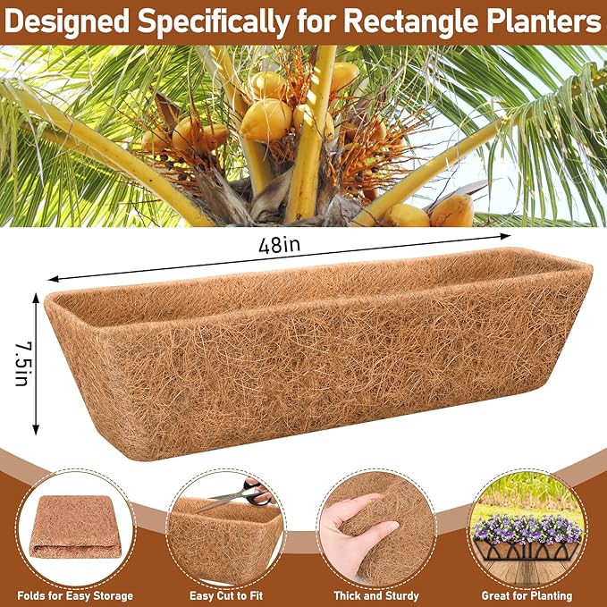 Riare 2 Pack 48 Inch Rectangle Coconut Liners for Planters, Natural Coconut Fiber Planter Liners, Window Box Liner Trough Coco Liner for Outdoor Flower, Garden Wall, Deck & Fence Planter Boxes