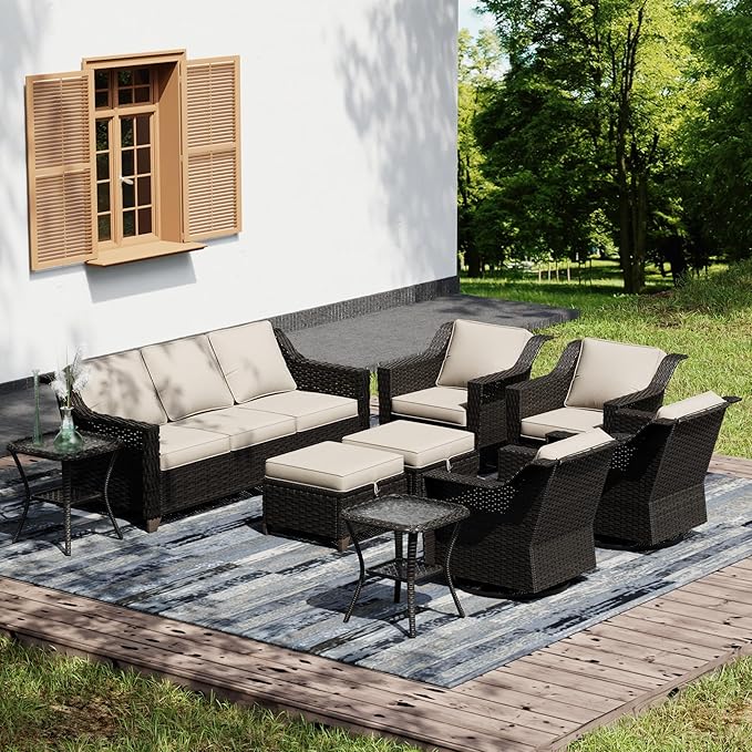 Joyside Wicker Patio Furniture Sets, 9 Pieces Upgraded Large Size Outdoor Furniture with 4 Swivel Rocking Patio Chairs, 3-Seat Sofa, Outdoor Ottoman, Thick Cushions, Wide Armrest, Beige