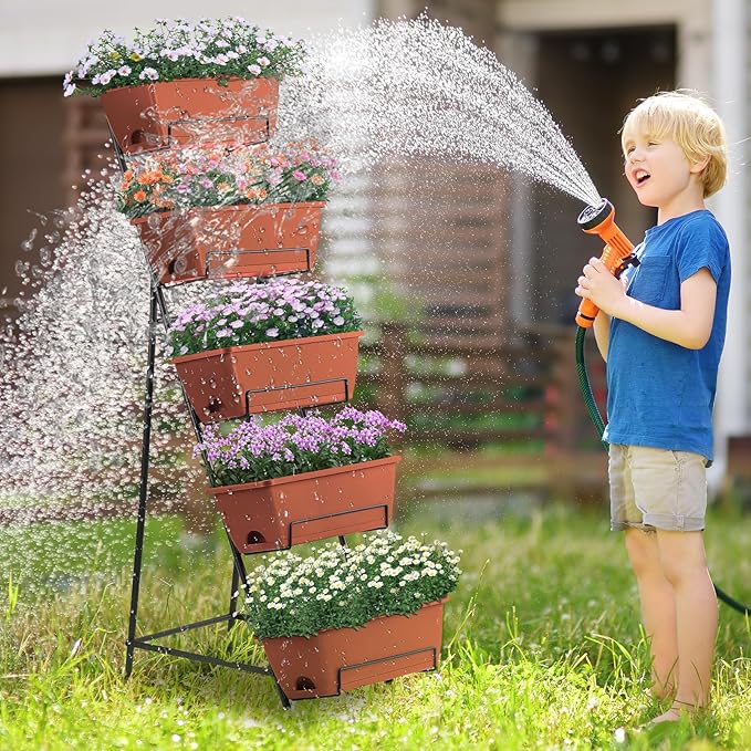 5 Tier Vertical Raised Garden Bed Planter Box, Vertical Raised Bed with Drainage Holes for Indoor Outdoor Herbs Flowers Vegetables Plants, Red