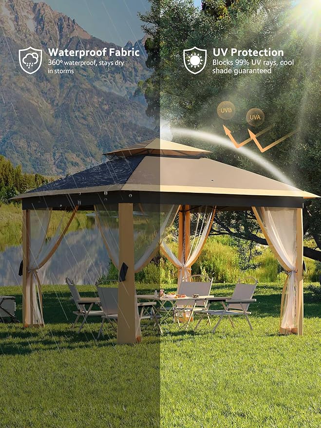 Garveelife 11x11 Pop Up Gazebo Tent with Mosquito Netting, Outdoor Canopy Shelter Easy Setup, Water & UV Resistant - Khaki