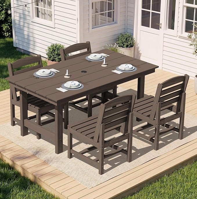 SERWALL Patio Dining Sets for 6 Person, HDPE Dining Set with 6 Armless Chairs, Coffee