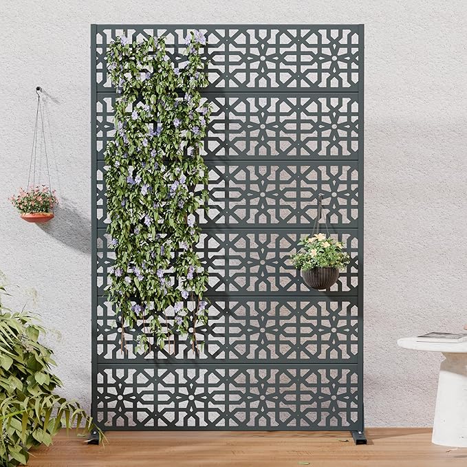 Casaphoria Metal Privacy Screen Outdoor, 72" H x 47" W Freestanding Decorative Privacy Screen for Patio Deck Balcony Garden with Stable Base, Drakgrey-Perilla