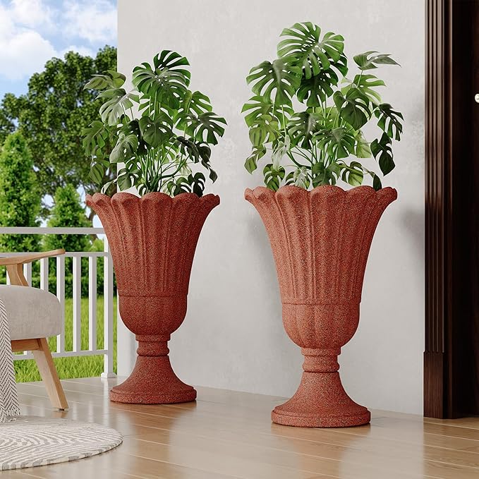 23" Tall Planters for Outdoor Plants Set of 2, Planter with Drainage Holes and Petal Design, Large Outdoor Planters for Porch, Garden, Indoor, Red