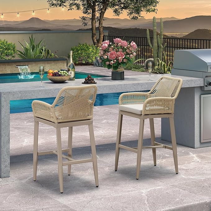 PURPLE LEAF Outdoor 29" Bar Stools Set of 2, Boho Patio Bar Height Chair with Cushion and Back for Outdoor and Indoor, Garden, Patio, Champagne