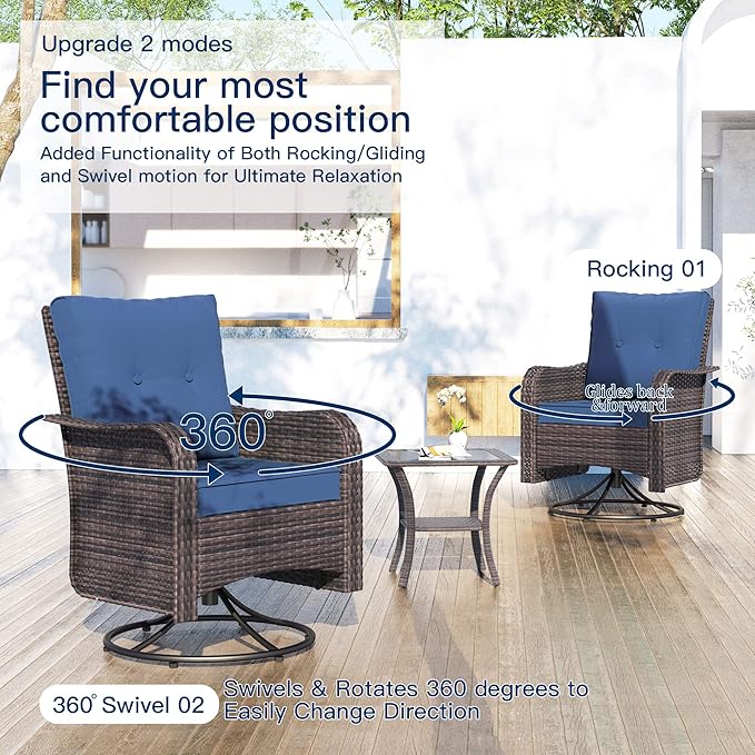 Kullavik 11 Pieces Outdoor Patio Furniture Set,PE Wicker Rattan Sectional Sofa Patio Conversation Sets with 43" 55000BTU Gas Propane Fire Pit Table,Swivel Rocking Chairs Set,Navy Blue