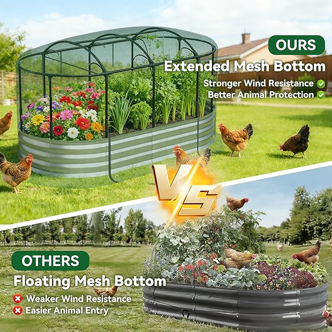 Raised Garden Bed with Self-Watering System, 6x3x1 ft Elevated Planter Boxes Outdoor with Mesh Cover, Oval Galvanized Raised Beds for Gardening,Vegetables,Flowers, Backyard, Patio