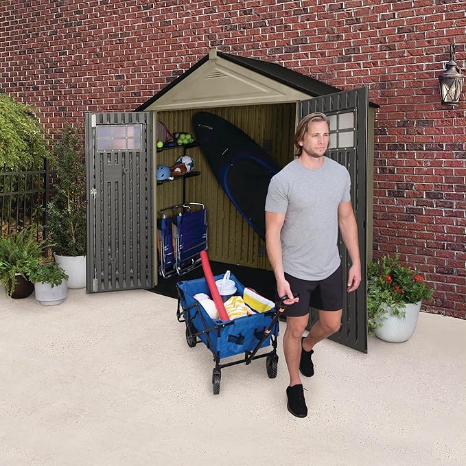 Rubbermaid Resin Outdoor Storage Shed With Floor (7 x 3.5 Ft) Weather Resistant, Brown Gable, Organization for Home/Backyard/Garden Tools/Lawn Mower/Bike Storage/Pool Supplies