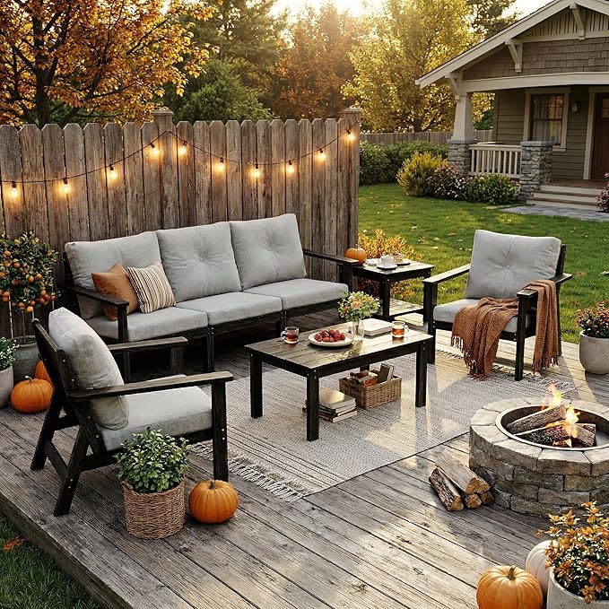 6-Piece HDPE Patio Furniture Set, Outdoor Sectional Sofa Set,All Weather Outdoor Couch with Dust-Free Cushions, Durable Patio Conversation Sets for Balcony, Porch, Gray