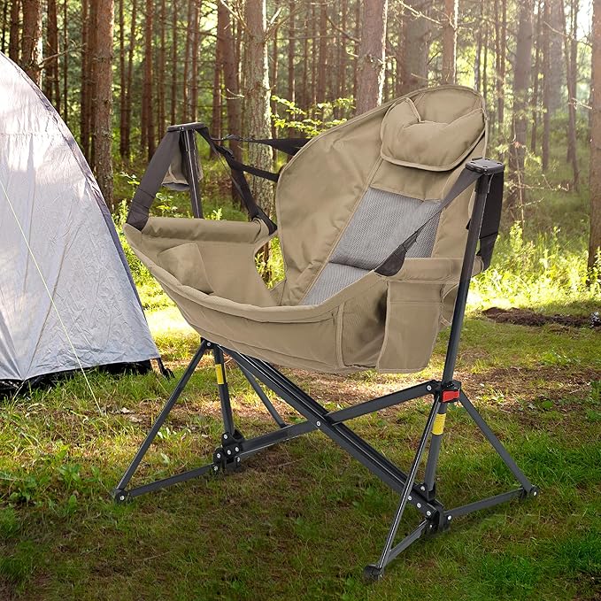 Ainfox Hammock Camping Chair, Foldable Portable Rocking Chairs for Adults Outside Swinging Camp with Cup Holder Pillow for Outdoor Patio Poolside (Brown)