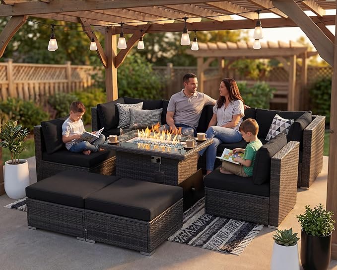 NICESOUL Large Size 9 Piece Patio Conversation Set with Fire Pit Table Propane/Gas, 29.3'' High Back Outdoor Furniture Sectional Set, Heavyweight Rattan Contemporary Sofa, 2 Color Cushion Black &Gray