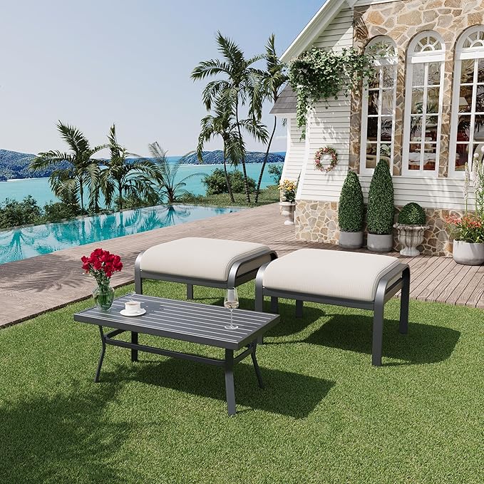 HOMREST Metal Outdoor Ottoman, 3-Piece Aluminum Footstool w/Removable Cushion, Multipurpose Footrest Stool with Coffee Side Table Additional Seating, Set of 3 Outdoor Ottomans for Patio Deck (Beige)