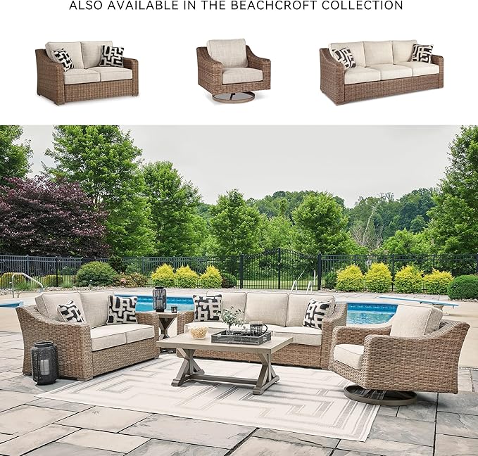 Signature Design by Ashley Beachcroft Casual Nuvella Weather Resistant Fabric, Resin Wicker Outdoor Loveseat with Cushion and 2 Accent Pillows, Dark Brown & Beige