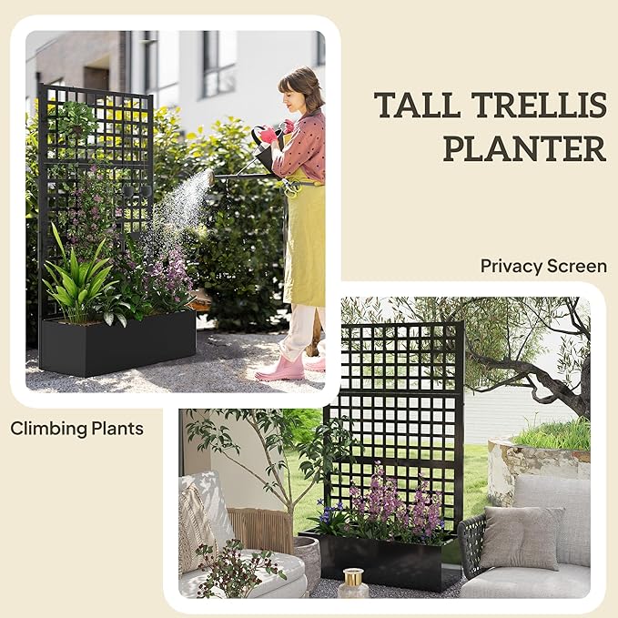 Outsunny Galvanized Raised Garden Bed with Trellis, Metal Planter Box with Drainage Holes, Outdoor Privacy Screen for Climbing Plants, Vegetable, Vines, 43" x 16" x 70", Black
