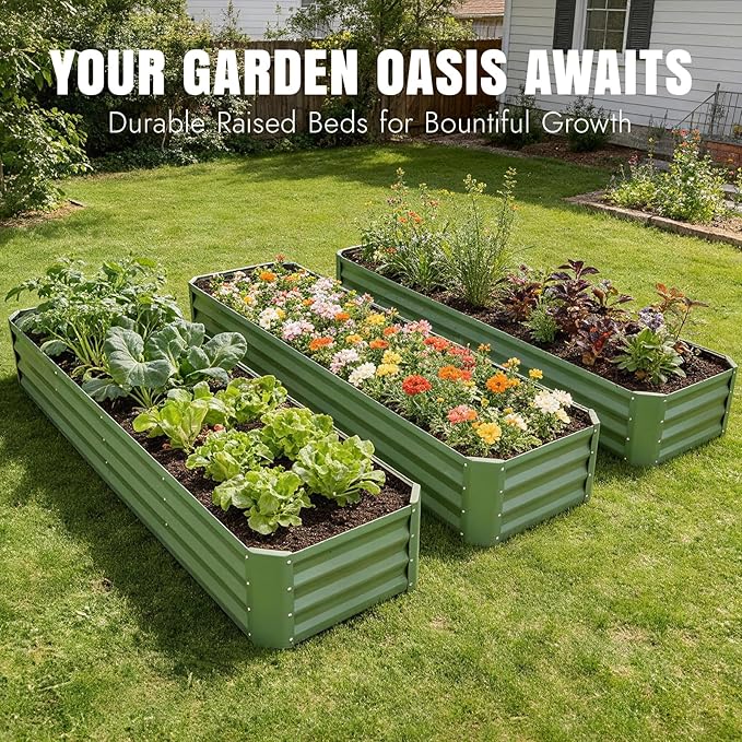 INNO STAGE 8×2×1ft Galvanized Raised Garden Bed Kit, Galvanized Planter Raised Garden Boxes Outdoor, Large Metal Raised Garden Beds for Vegetables, Flowers, Herbs, and Succulents, OliverGreen