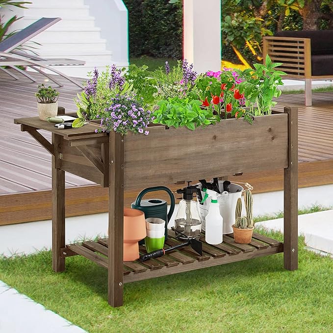 Yaheetech 49x22x32in 8 Pockets Horticulture Raised Garden Bed Elevated Wood Planter Box Stand with Foldable Side Table and Storage Shelf for Herb/Vegetables/Flowers