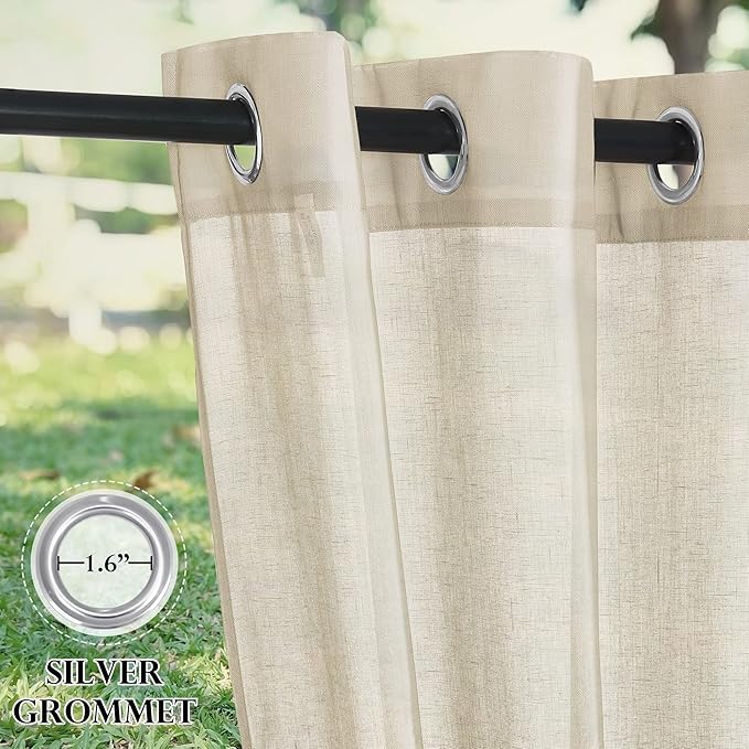 RYB HOME Outdoor Indoor Farmhouse Linen Sheer Curtains - Rustic Semi Sheer Privacy Drapes with Curtain Ropes for Patio Gazebo, 52 inch Wide x 108 inch Long, 2 Panels, Beige