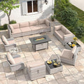 10-Seat Outdoor Wicker Patio Furniture Set with Fire Pit Table, Modular Rattan Sectional Sofa & 2 Swivel Rocking Chairs, 4" Thick Cushions, Rust-Resistant Frame,Beige