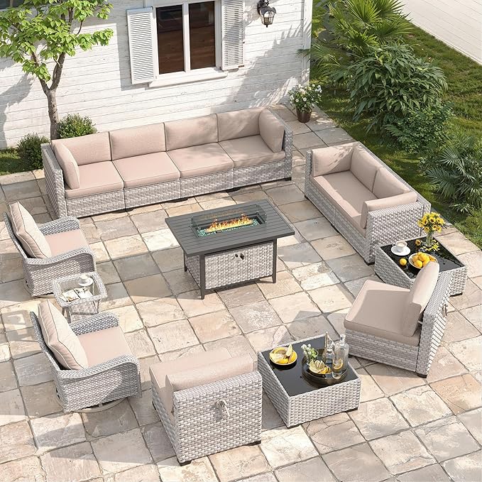 10-Seat Outdoor Wicker Patio Furniture Set with Fire Pit Table, Modular Rattan Sectional Sofa & 2 Swivel Rocking Chairs, 4" Thick Cushions, Rust-Resistant Frame,Beige