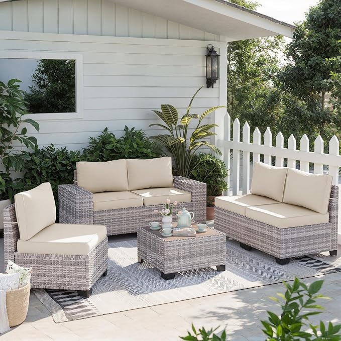 6-Piece Outdoor Patio Furniture Set Wicker Sectional Sofa Set, Patio Conversation Set with Thickened Cushions & Coffee Table for Garden, Backyard, Poolside, White