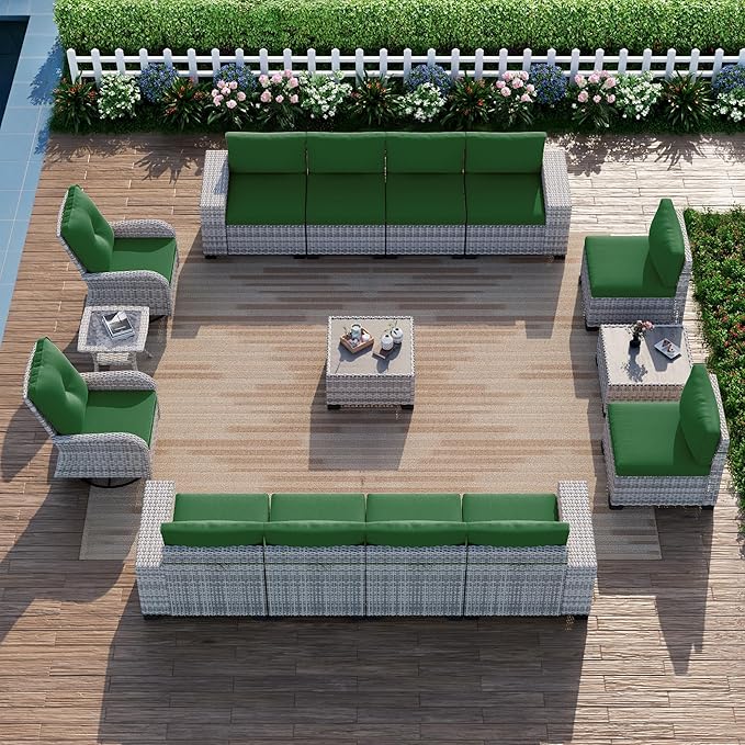 15-Piece Outdoor Patio Furniture Set with Rocking Swivel Chair Wicker Sectional Sofa Set, Patio Conversation Set with Thickened Cushions & Coffee Table for Garden, Backyard, Poolside, Green