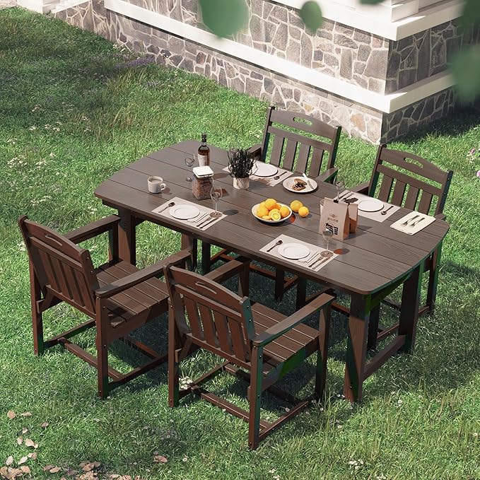 5-Piece Outdoor Dining Furniture Set with Chairs, All-Weather HDPE Patio Table and 4 Chairs, Umbrella Hole, for Garden Backyard or Deck - Brown