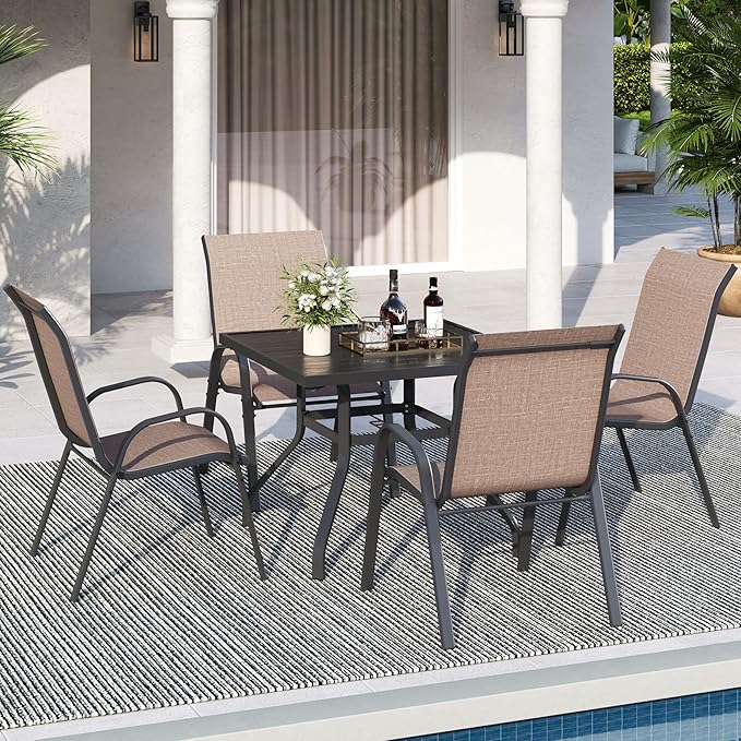 Patio Dining Chairs Set of 4, Stackable Dining Chairs High Back, Breathable Seat Fabric and Alloy Steel Frame for Backyard, Porch, Garden, Sunroom (Light Brown)