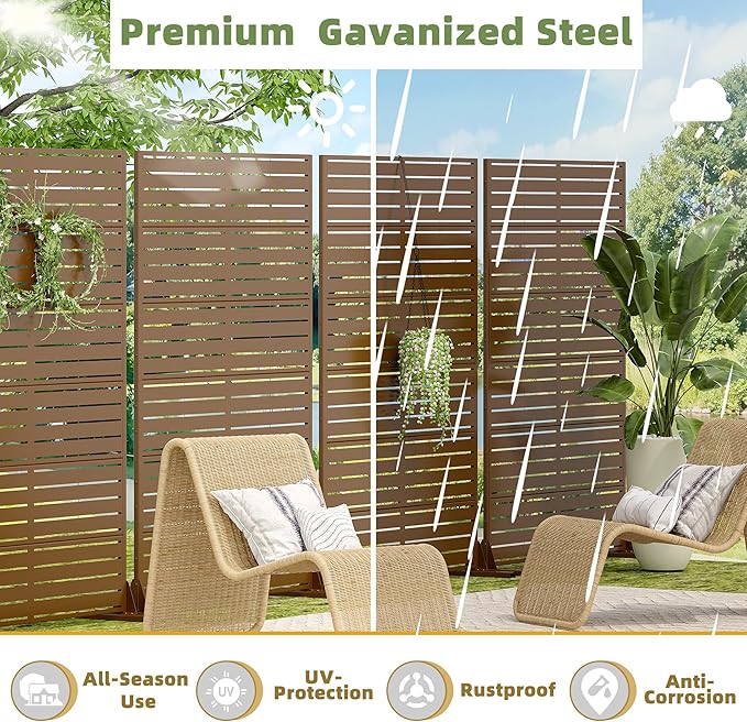 Casaphoria Metal Privacy Screen Outdoor, 72" H x 47" W Freestanding Decorative Privacy Screen for Patio Deck Balcony Garden with Stable Base, Brown-Louvered