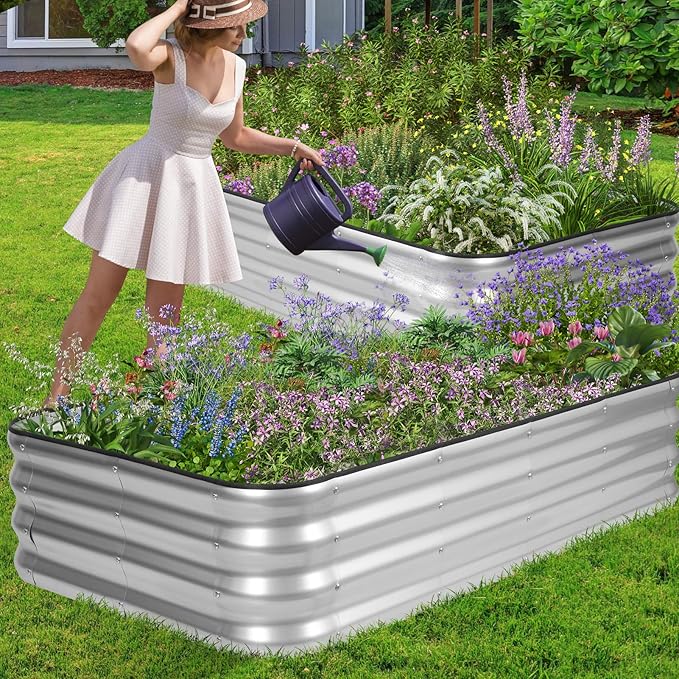 1MORE Raised Garden Bed -5X3X1 Galvanized Planter Box for Outdoor Gardening,4 in 1 Modular Raised Bed Kit with Protective Tape, Gloves for Herb,Ideal for Vegetables and Plants.Sliver-1Pcak