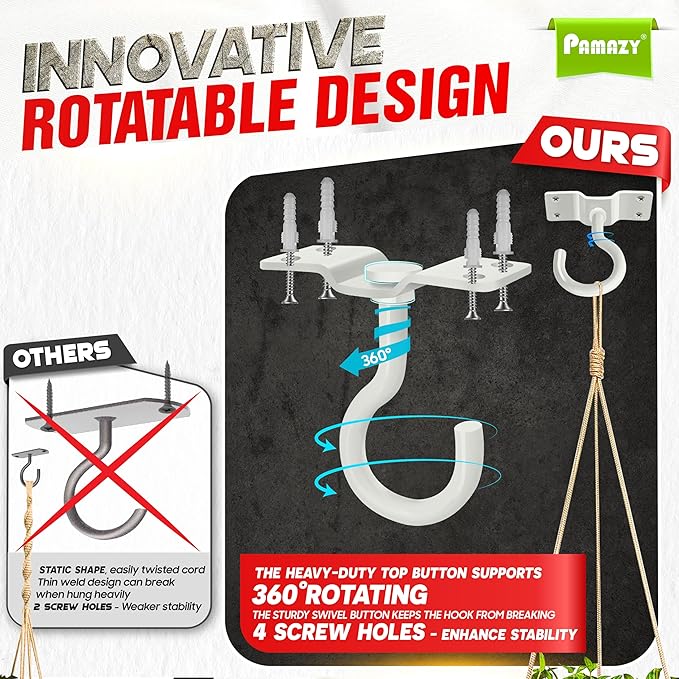 [UPGRADED] 2Pcs 200LBS Rotatable Ceiling Hooks with 4 Screw Points Base, Wall Mount Metal Hanger White Ceiling Hook for Hanging Plant, Bird Feeder, Lights, Bed Canopy, Wind Chime, Indoor Outdoor Decor