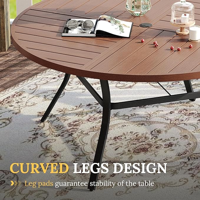 VICLLAX Round Patio Table with Adjustable Umbrella Hole for 8, All Weather Metal Outdoor Dining Table for Lawn Garden, 59.8" Outdoor Coffee Table, Walnut Wood-Like Tabletop