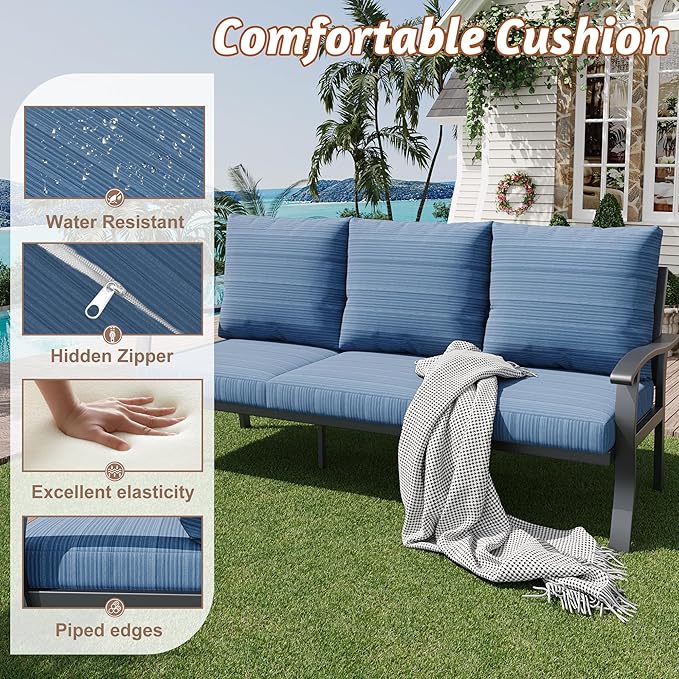 HOMREST Outdoor Couch Aluminum Patio Furniture Sofa, 3-Seat All-Weather Metal Outdoor Patio Furniture with Cushions, Blue