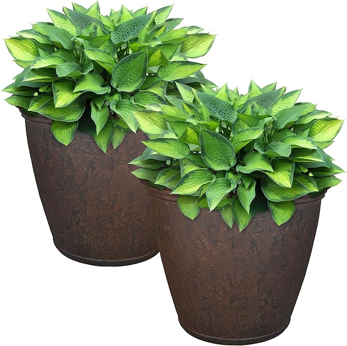 Sunnydaze 15.25-Inch Anjelica Large Plastic Pot for Plants - Outdoor Double-Walled Large Plastic Planter with Drillable Drainage Holes - Rust - 2pk